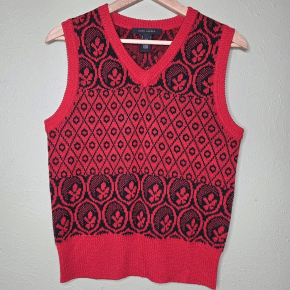 Marc Jacobs Metallic Wool Blend Sweater Vest Red Black Medium - Picture 1 of 9